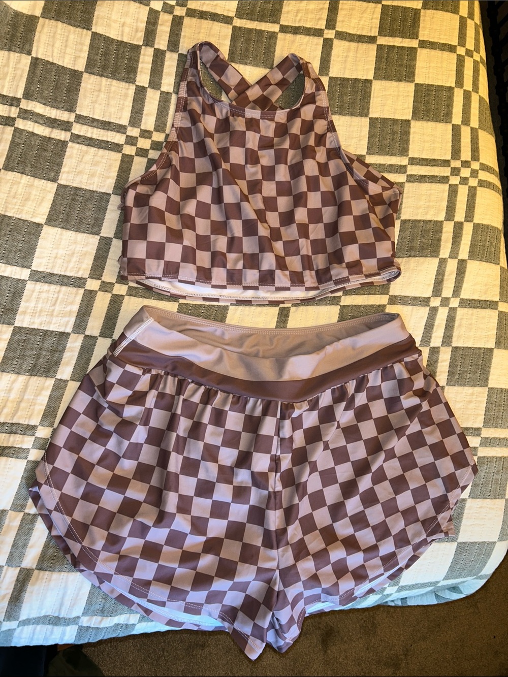 Women’s Checkered Swim Suit - Mauve/Lilac Two-Piece Set XL